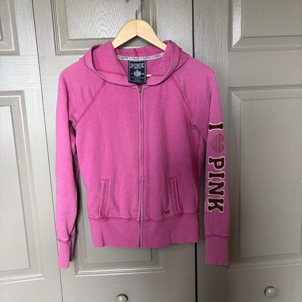 Victoria's Secret PINK Y2K Zip Up Hoodie Pink I Heart PINK Graphic Sleeve Small